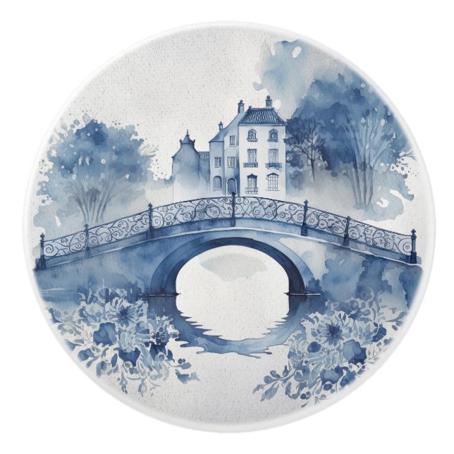 Blue and white Delft style landscape  Ceramic Knob (Front)