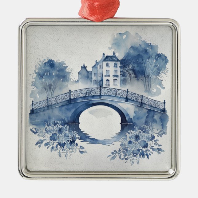 Blue and white Delft style landscape  Metal Tree Decoration (Front)