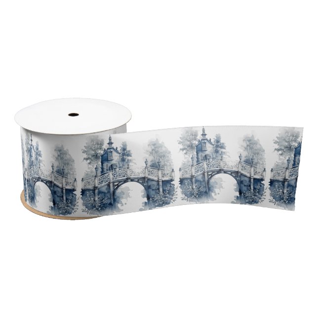 Blue and white Delft style landscape Satin Ribbon (Spool)
