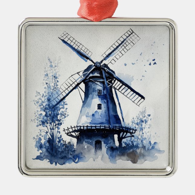 Blue and white Delft style landscape with windmill Metal Tree Decoration (Front)