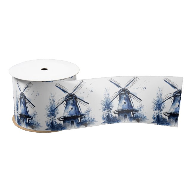 Blue and white Delft style landscape with windmill Satin Ribbon (Spool)