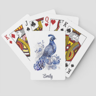Blue and white Delft style peacock with flowers Playing Cards