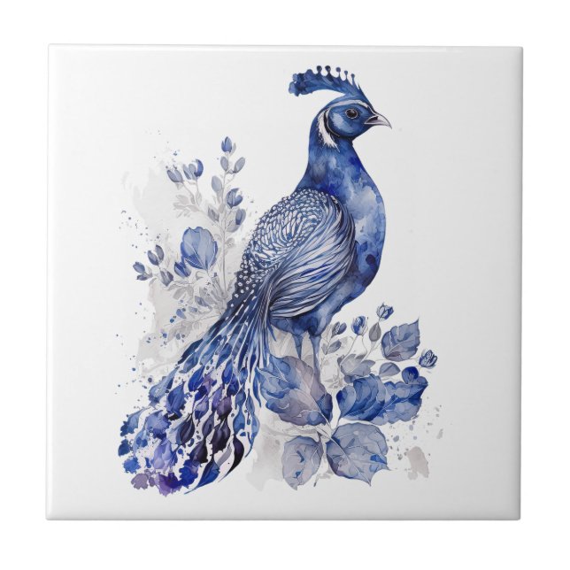 Blue and white Delft style peacock with flowers Tile (Front)