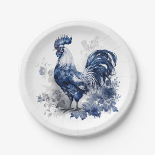 Blue and white Delft style rooster with flowers Paper Plate