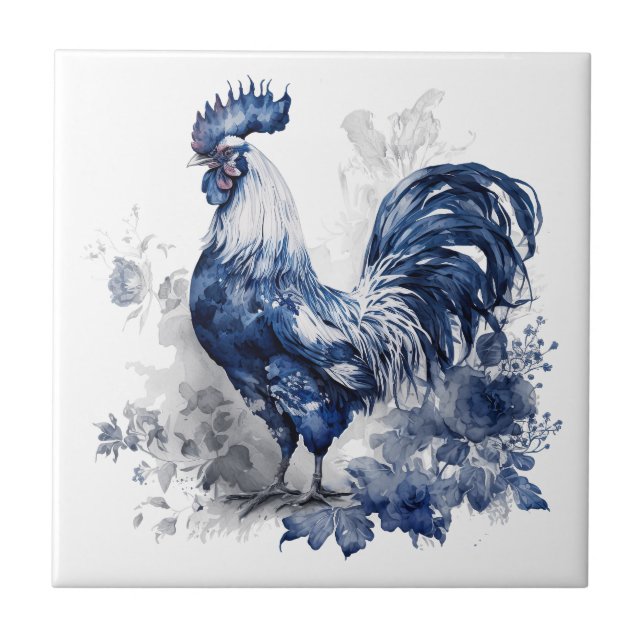 Blue and white Delft style rooster with flowers Tile (Front)
