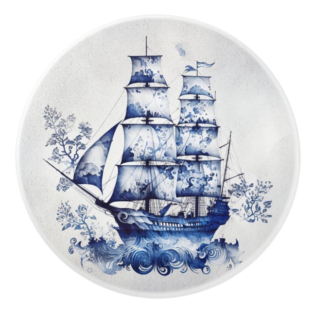 Blue and white Delft style sailing ship in the sea Ceramic Knob (Front)