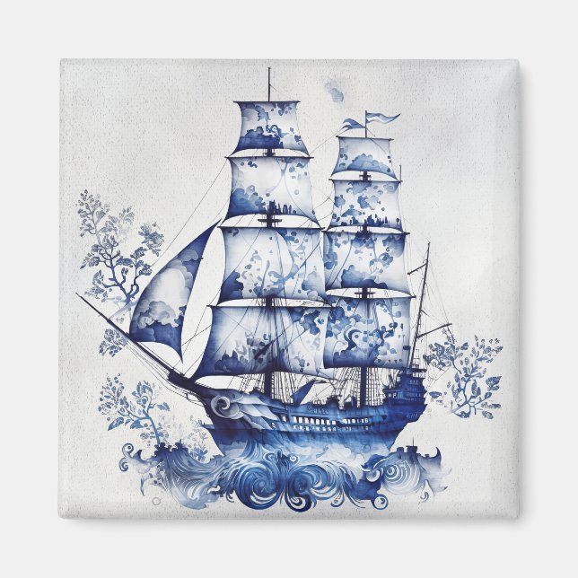 Blue and white Delft style sailing ship in the sea Magnet (Front)