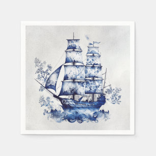 Blue and white Delft style sailing ship in the sea Napkin