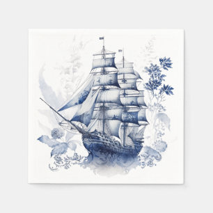 Blue and white Delft style sailing ship in the sea Napkin