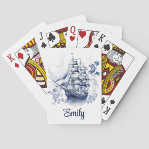 Blue and white Delft style sailing ship in the sea Playing Cards