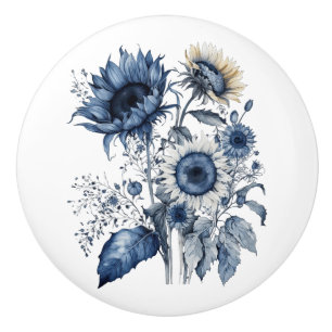 Blue and white Delft style sunflowers bouquet  Ceramic Knob