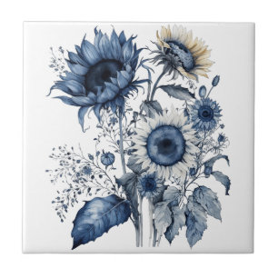 Blue and white Delft style sunflowers bouquet Tile
