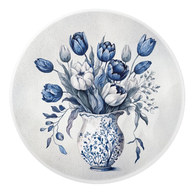 Blue and white Delft style tulip bouquet design Ceramic Knob (Front)