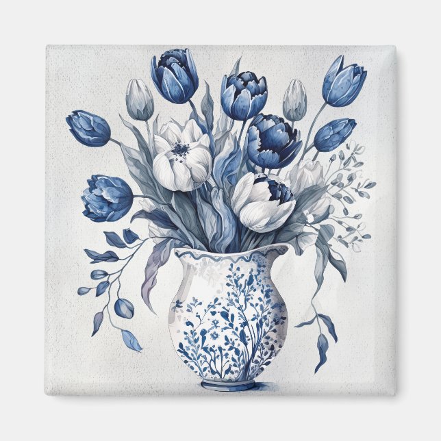 Blue and white Delft style tulip bouquet design Magnet (Front)