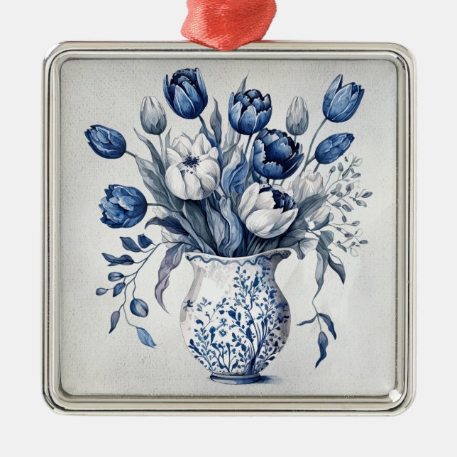 Blue and white Delft style tulip bouquet design Metal Tree Decoration (Front)
