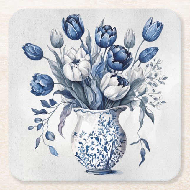 Blue and white Delft style tulip bouquet design Square Paper Coaster (Front)