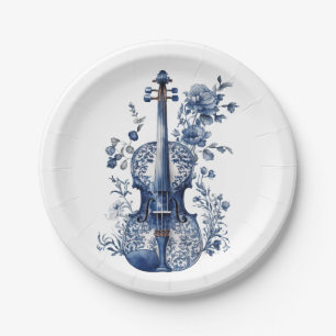 Blue and white Delft style violin with flowers Paper Plate