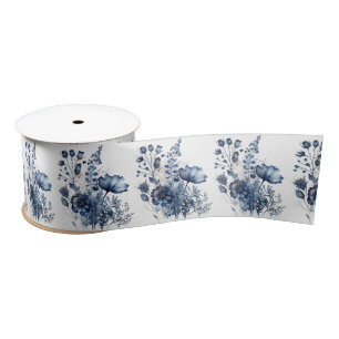 Blue and white Delft style wildflowers bouquet Satin Ribbon