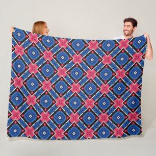 Blue and White Diamond and Red Circles Fleece Blanket