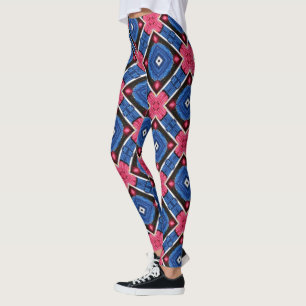Blue and White Diamond and Red Circles Leggings
