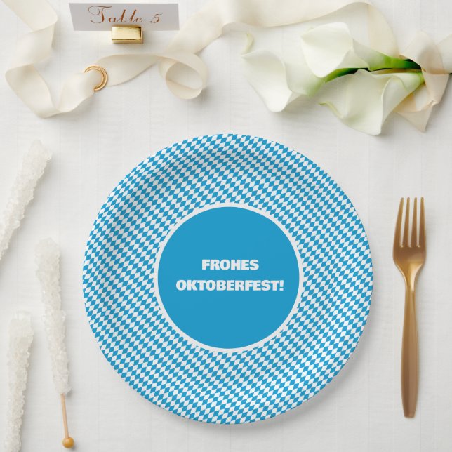 Blue and White Diamond Lozenge Pattern Oktoberfest Paper Plate (Wedding)