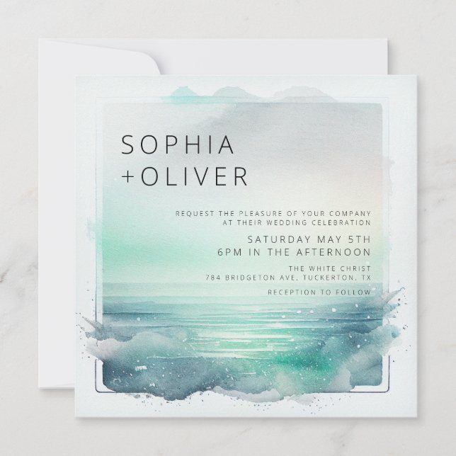 Blue and White Digital Beach Wedding Invitation (Front)