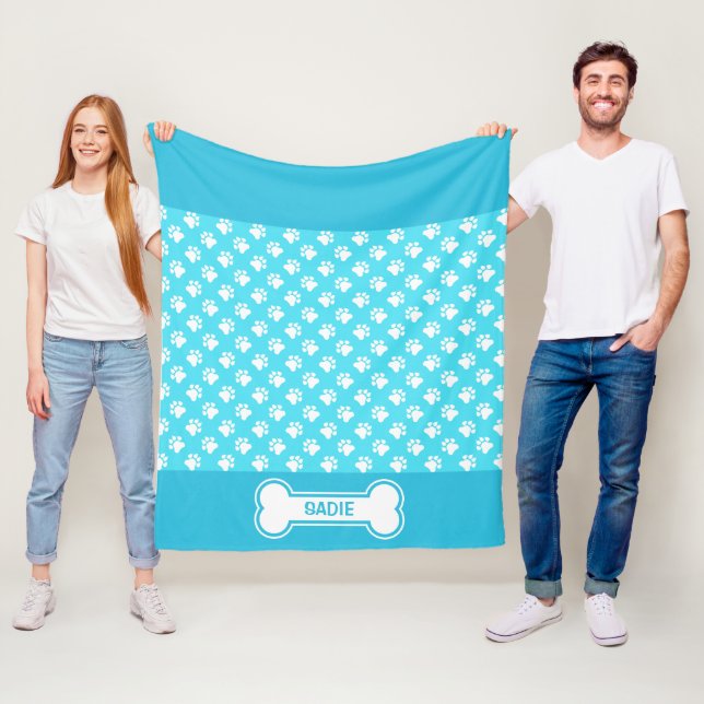 Blue And White Dog Paws And Bone With Name Fleece Blanket (In Situ)