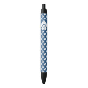 Blue And White Dog Paws & Personalizable Monogram Black Ink Pen