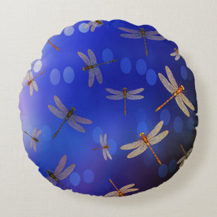 Blue And White Dragon Fly Pattern, Round Cushion