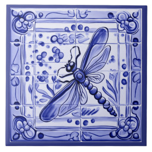 Blue and White Dragonfly Mediterranean Folk Art Tile