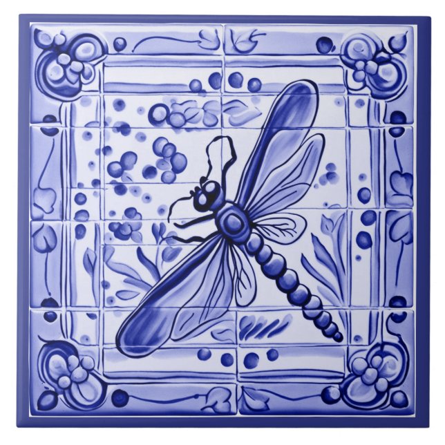 Blue and White Dragonfly Mediterranean Folk Art Tile (Front)