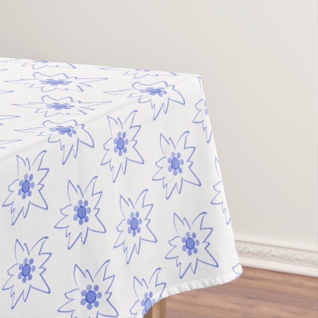 Blue and White Edelweiss Outline Pattern Tablecloth (In Situ)