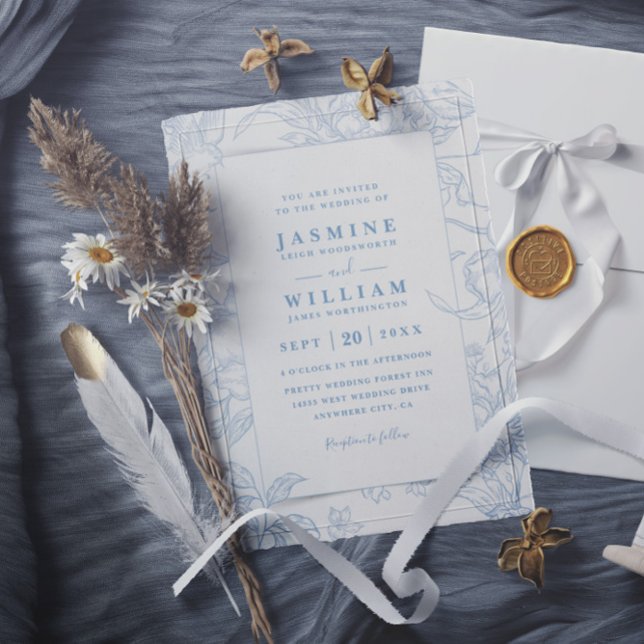 Blue and White Elegant Floral QR Code Wedding Invitation (Creator Uploaded)