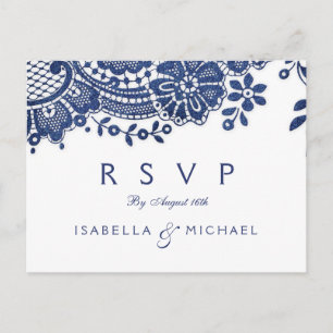 Blue and white elegant vintage lace wedding RSVP Invitation Postcard