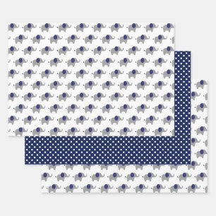 Blue and White Elephant Baby Shower Wrapping Paper Sheet