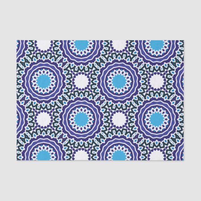 Blue and White Ethnic Bohemian Mosaic Pattern Tissue Paper (Front)
