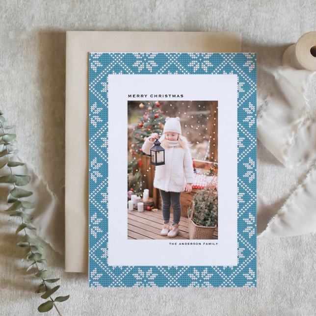 Blue and White Fair Isle Knit Pattern Christmas Holiday Card (Blue Fair Isle Knit Pattern Photo Christmas Holiday Card)