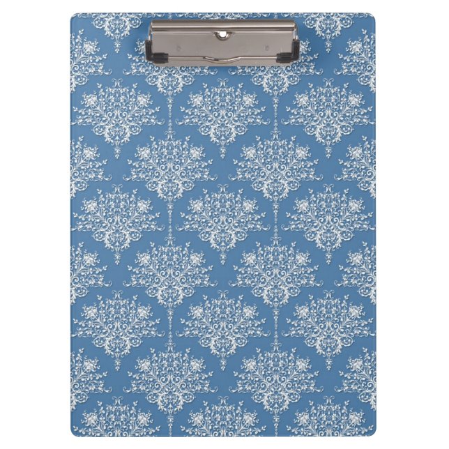 Blue and White Fancy Damask Pattern Clipboard (Front)