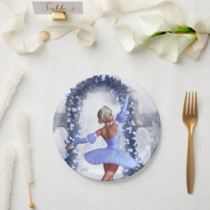 Blue and white fantasy ballerina with rose flowers paper plate