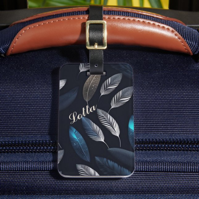 blue and white feathers luggage tag (Front Insitu 2)