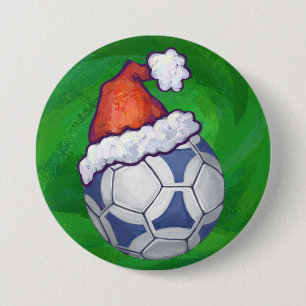Blue and White Festive Soccer Ball on Green 7.5 Cm Round Badge