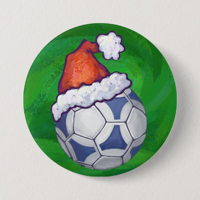 Blue and White Festive Soccer Ball on Green 7.5 Cm Round Badge (Front)