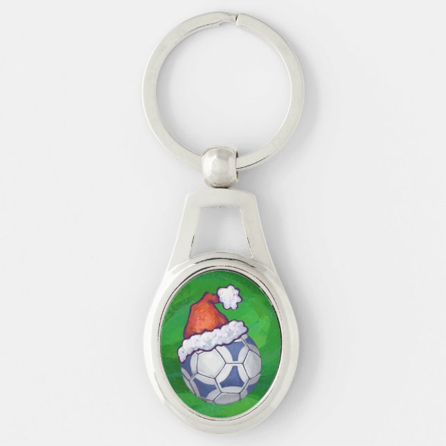 Blue and White Festive Soccer Ball on Green Key Ring (Front)