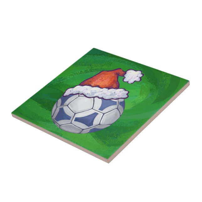 Blue and White Festive Soccer Ball on Green Tile (Side)