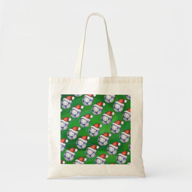 Blue and White Festive Soccer Ball on Green Tote Bag (Front)