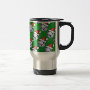 Blue and White Festive Soccer Ball on Green Travel Mug