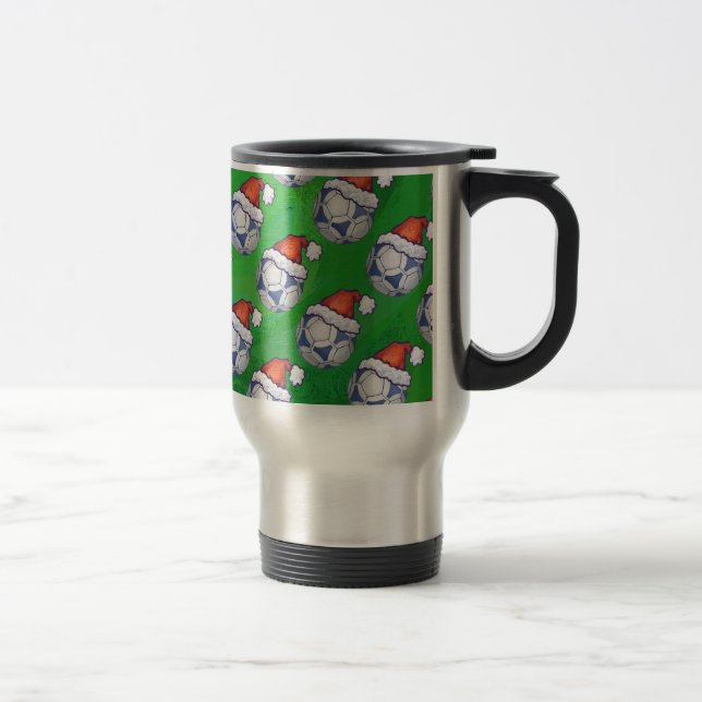 Blue and White Festive Soccer Ball on Green Travel Mug (Right)