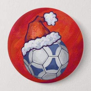 Blue and White Festive Soccer Ball on Red 10 Cm Round Badge