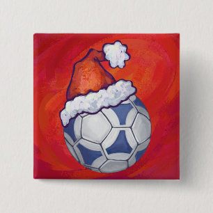 Blue and White Festive Soccer Ball on Red 15 Cm Square Badge