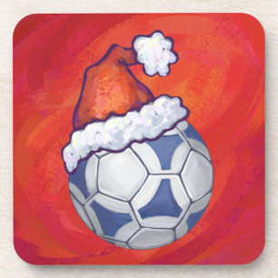 Blue and White Festive Soccer Ball on Red Coaster
